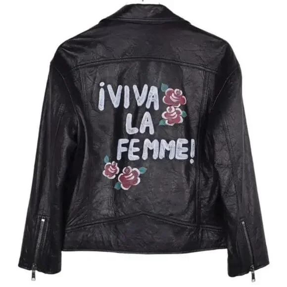 Joie Black Leather Moto Jacket Viva La Femme Graphic Print New Size S